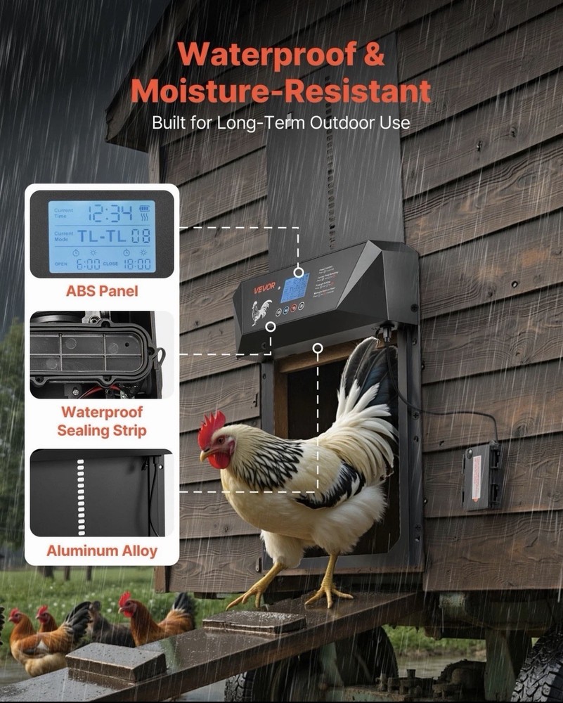 VEVOR DC & Battery Powered Automatic Chicken Coop Door Opener Light Sensor Timer