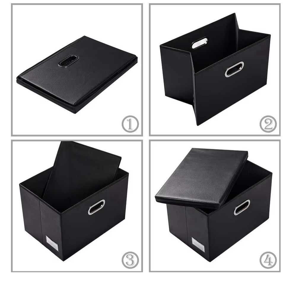 3 Pack Collapsible Storage Bins with Lids Leather Fabric Foldable Storage Boxes