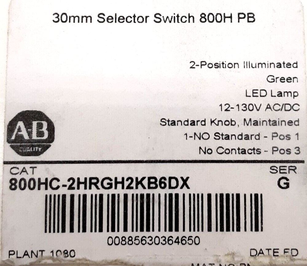 Allen-Bradley 800HC-2HRGH2KB6DX 2-Position Selector Switch