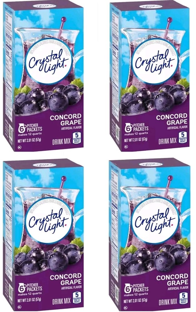 4 Boxes Crystal Light Concord Grape Drink Mix Sugar Free 24 Pitcher Packets