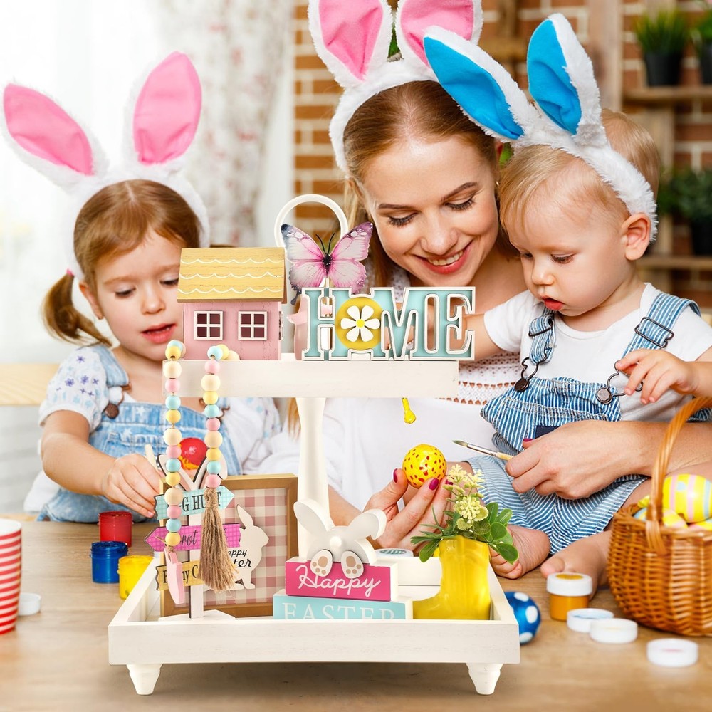 Spring Easter Decorations 8 Pieces Tiered Tray Decor Set, Cute Tabletop Easte...