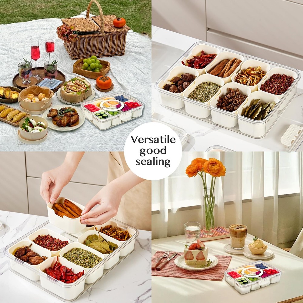 Snackle Box Container,Portable Snack Box 8 Compartment Divided Serving Tray w...