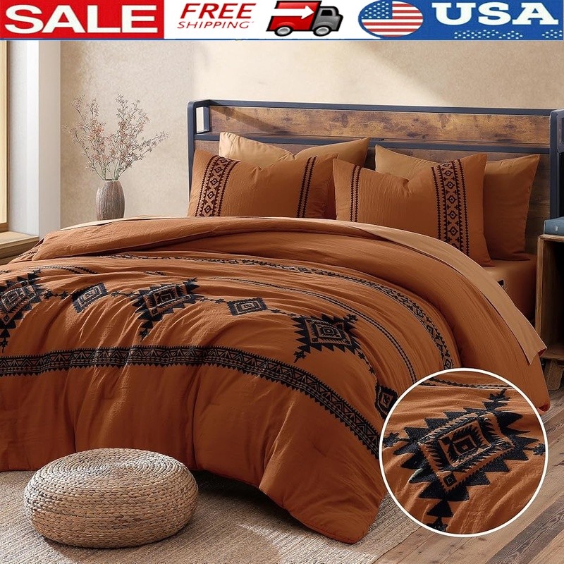 King Size 7 Piece Comforter Set Soft Polyester Boho Embroidery Farmhouse Bedding