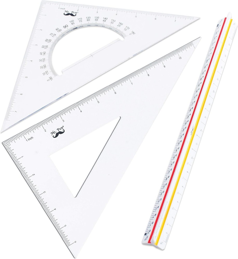 Precision Triangular Ruler Set: 12" Architect's Scale & 30/60, 45/90 Triangles