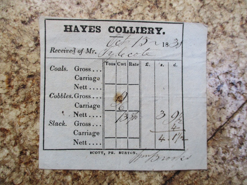 1830 Hayes Colliery Cannock Coal Receipt
