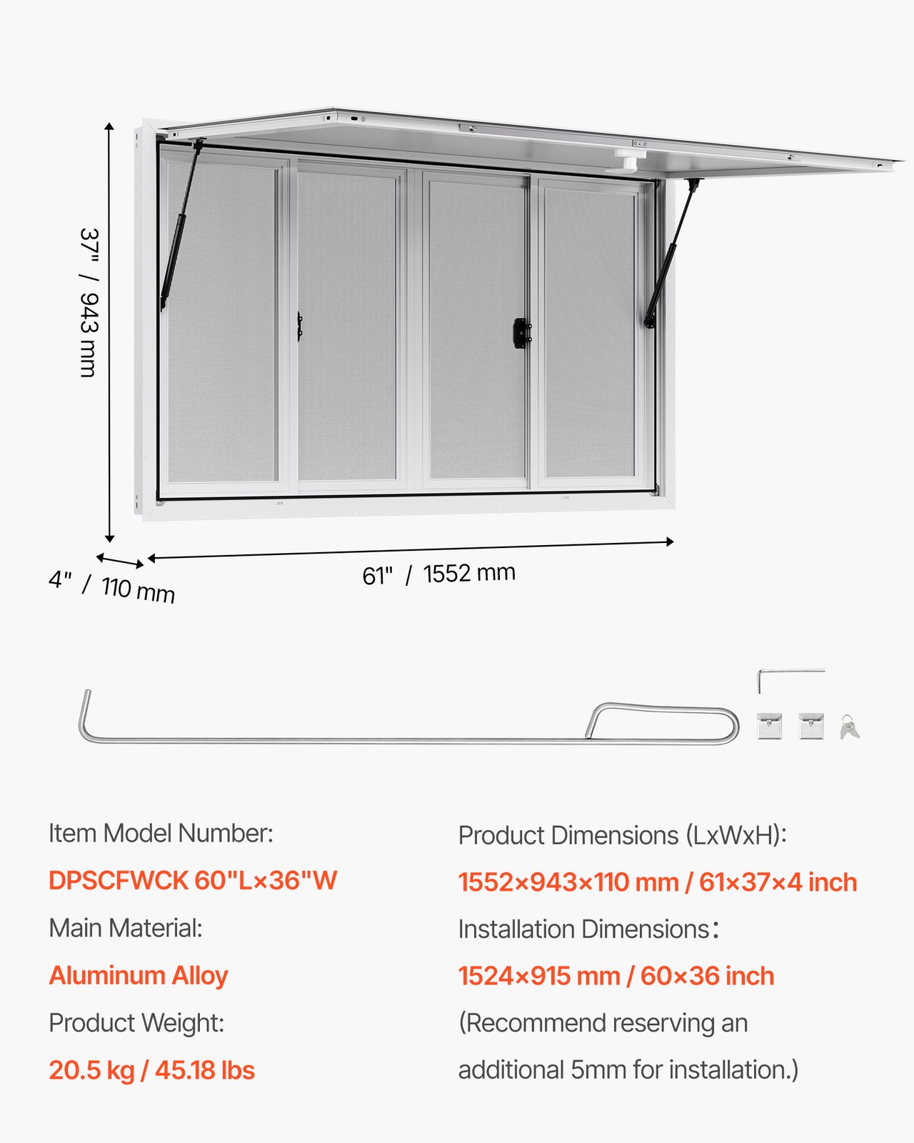 VEVOR 60x36in Concession Stand Serving Window Food Truck Service Awning Aluminum