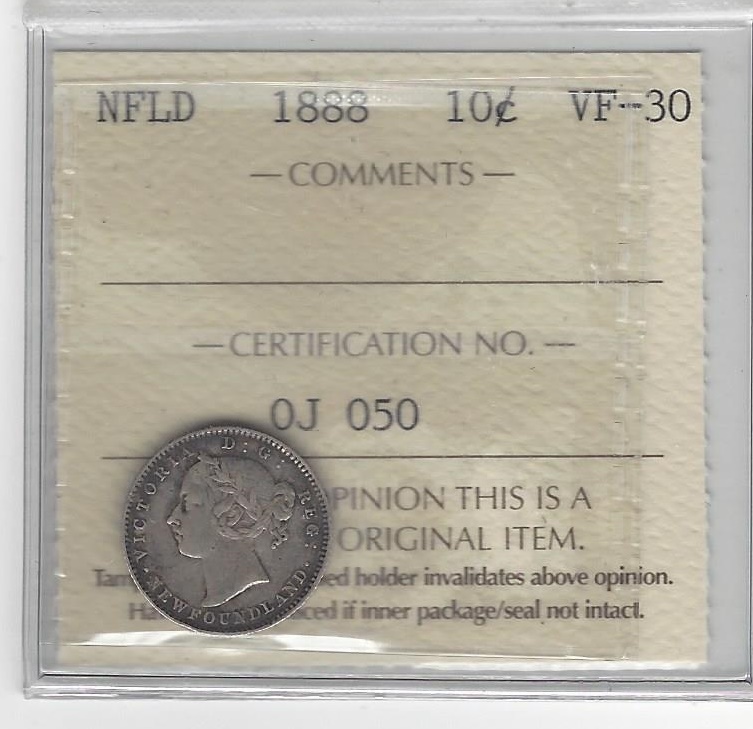 1888 ICCS Graded Newfoundland, Ten Cent **VF-30**