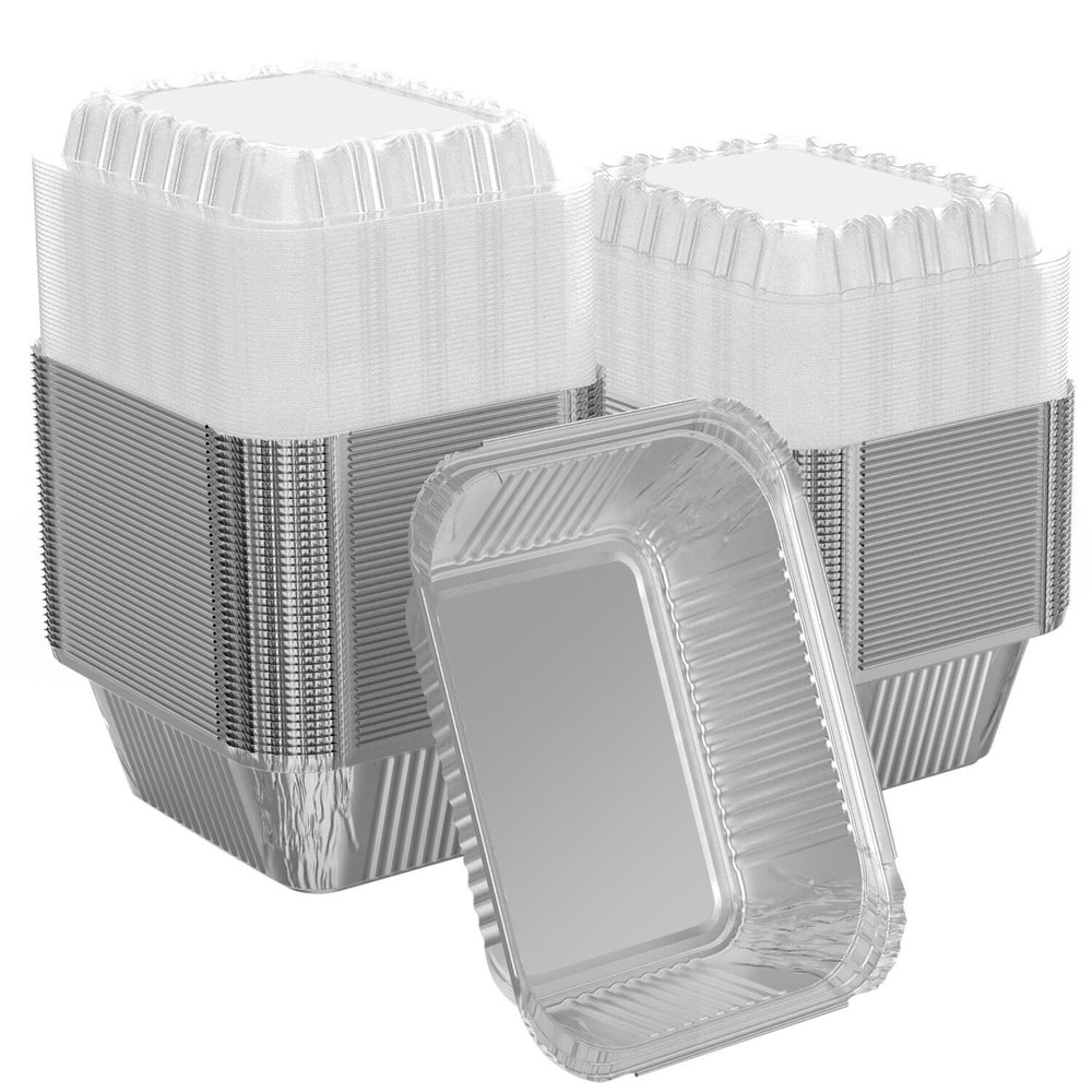 100 Pack 1 Lb Rectangular Disposable Aluminum Foil Pans with Dome Lids