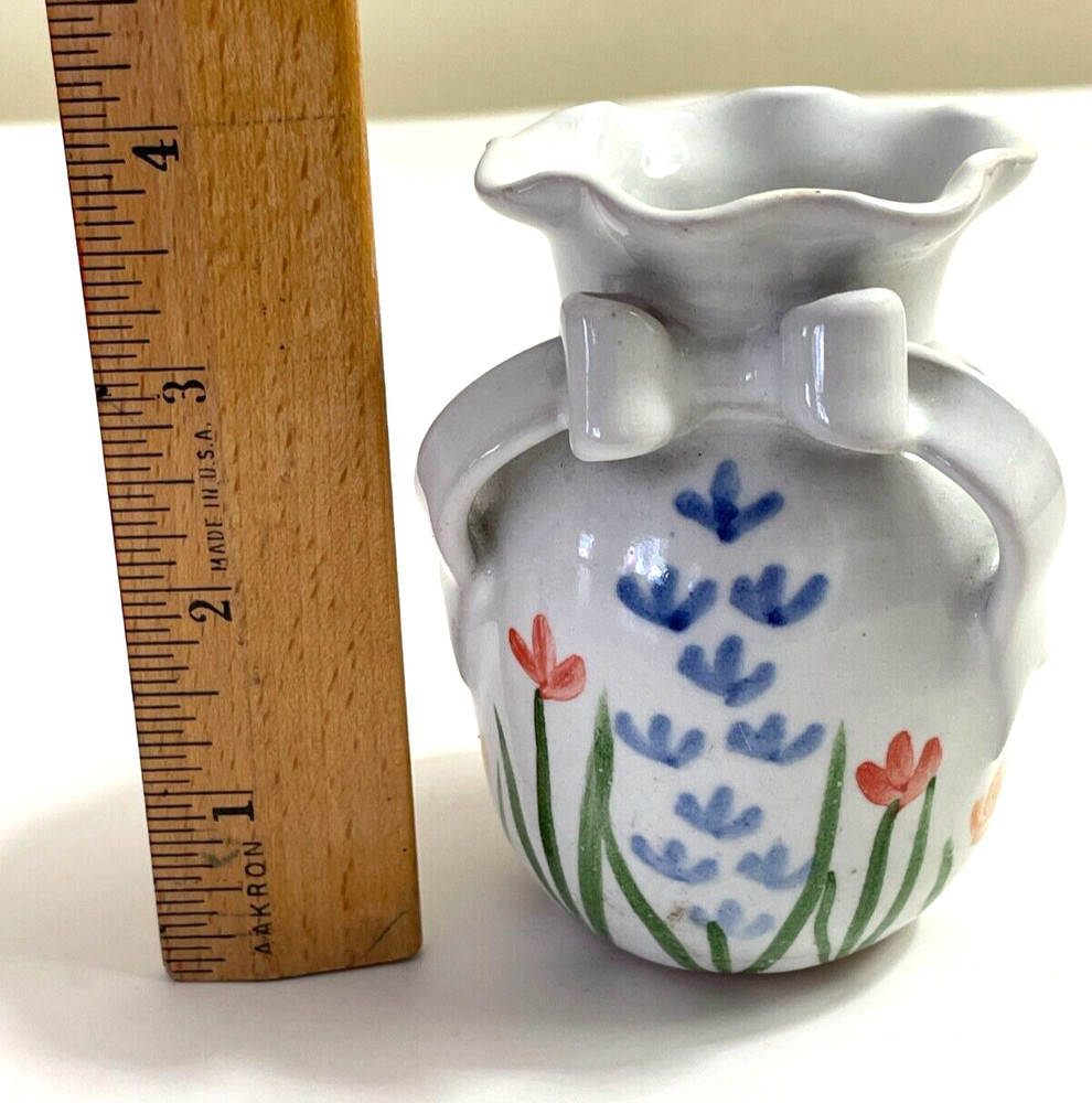 Small Studio Pottery Bud Vase Signed Painted Flowers Ceramic Bow Darling 4"