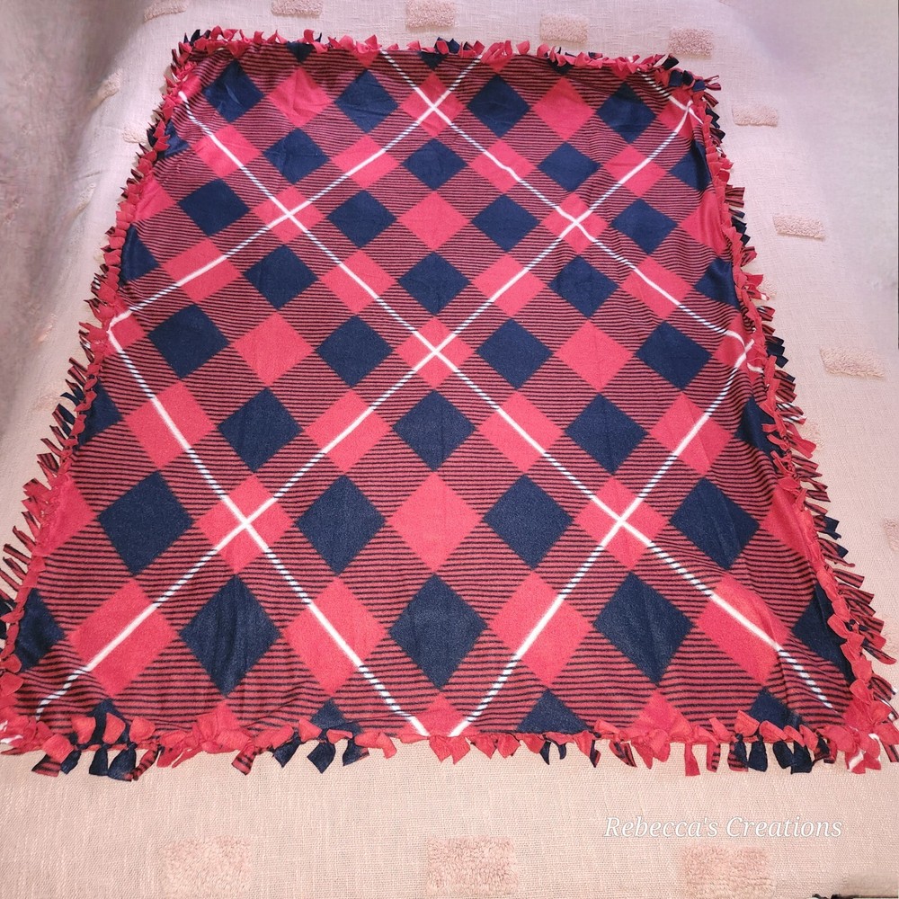 Red Blue White Argyle Plaid WARM HANDMADE 2 layer tie blanket/throw 48"× 60"