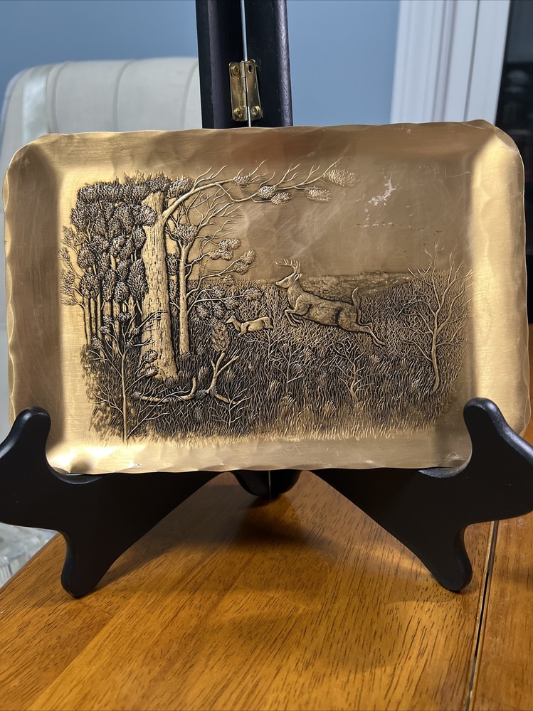 Vintage Solid Bronze Tray Hand Hammered Tooled Signed Hunting Pines Nature Deer