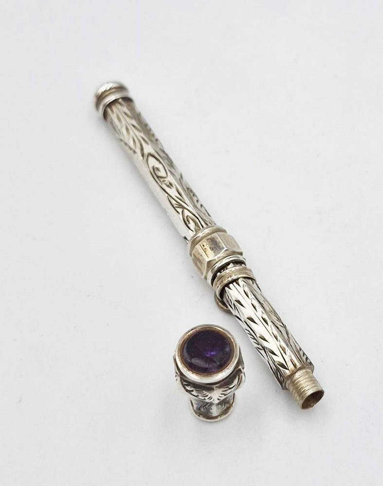 VICTORIAN SOLID SILVER AMETHYST SEAL-TOP SLIDE PENCIL c1870