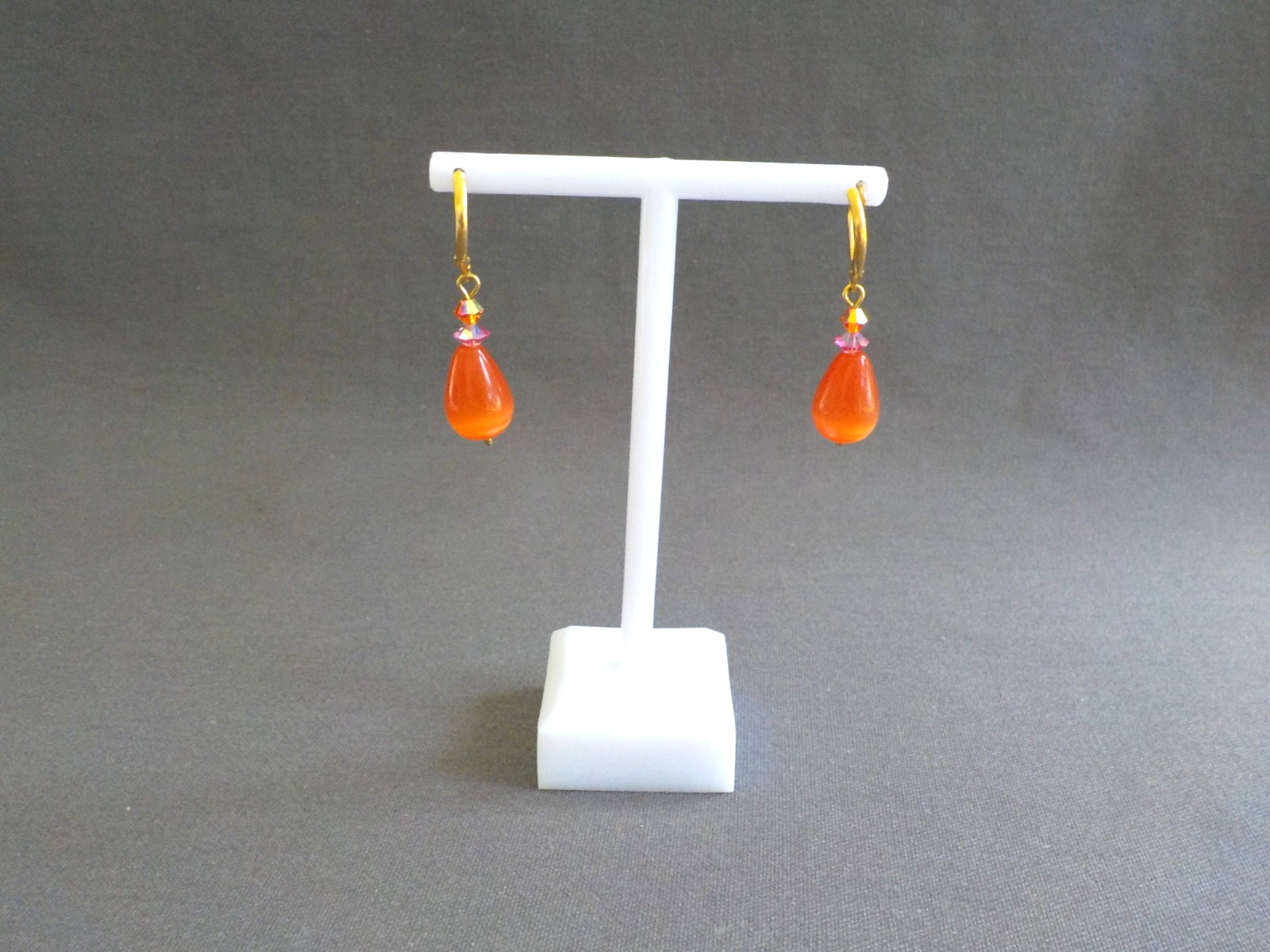 Earrings Pierced 3 Pair Dangle Drop Glass Stone Metal Orange Pink Lever Back