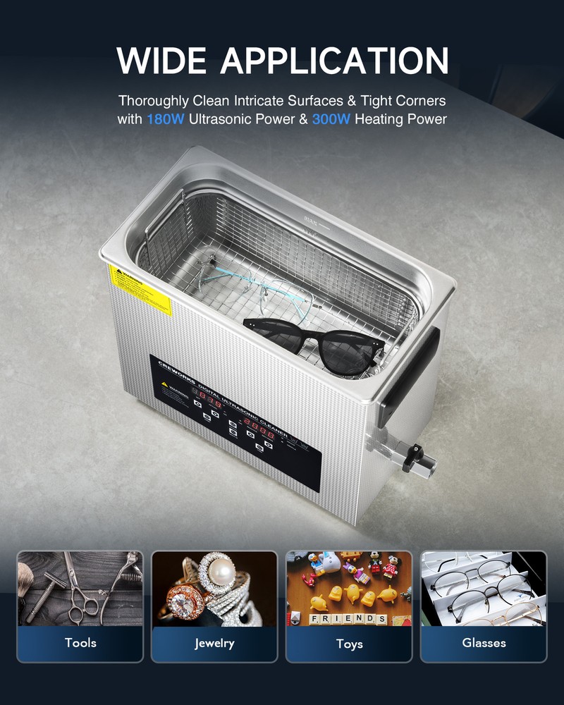 CREWORKS 6L Ultrasonic Cleaner with Control Panel 1-30 min. Timer & Degas Mode