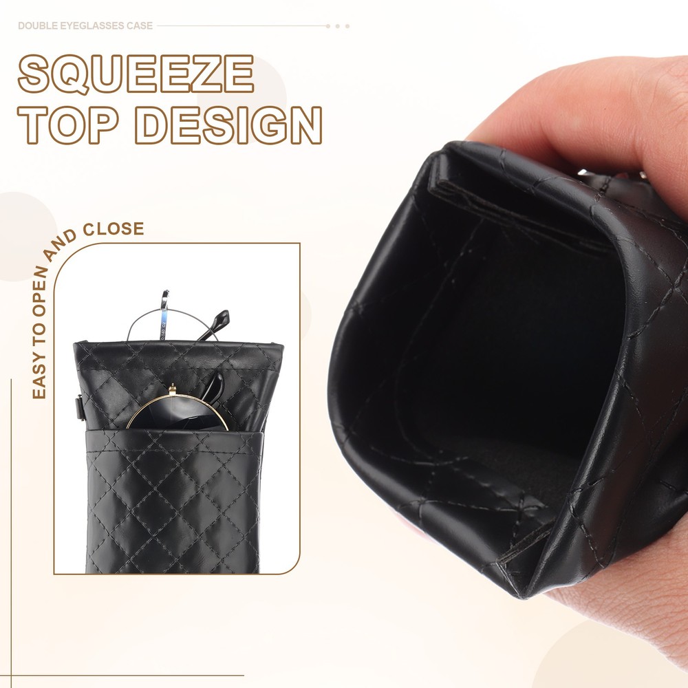 Soft Double Eyeglasses Case Pouch with Carrying Strap, Silver Tone