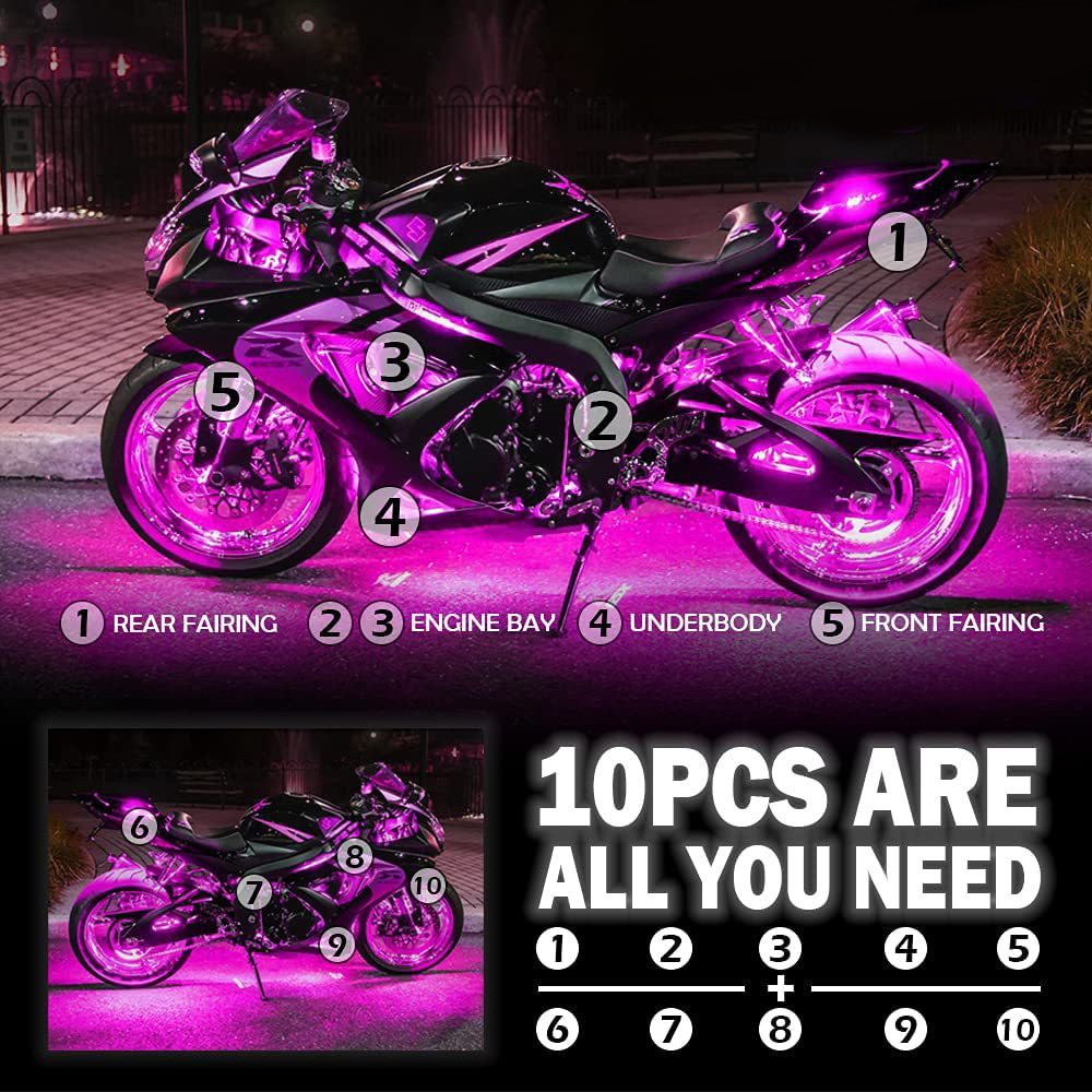10PCS Motorcycle RGB LED Strip Light Under Glow Neon Kit Bluetooth APP Control