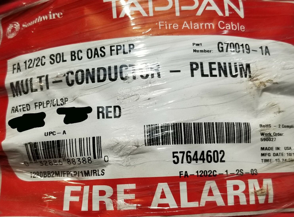 Southwire/Tappan G70019 12/2C Solid Shielded Fire Alarm Cable Plenum Red /50ft