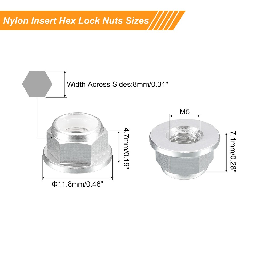 Nylon Insert Hex Lock Nuts, 8pcs - M5x0.8mm Self-Locking Nut(Silver)