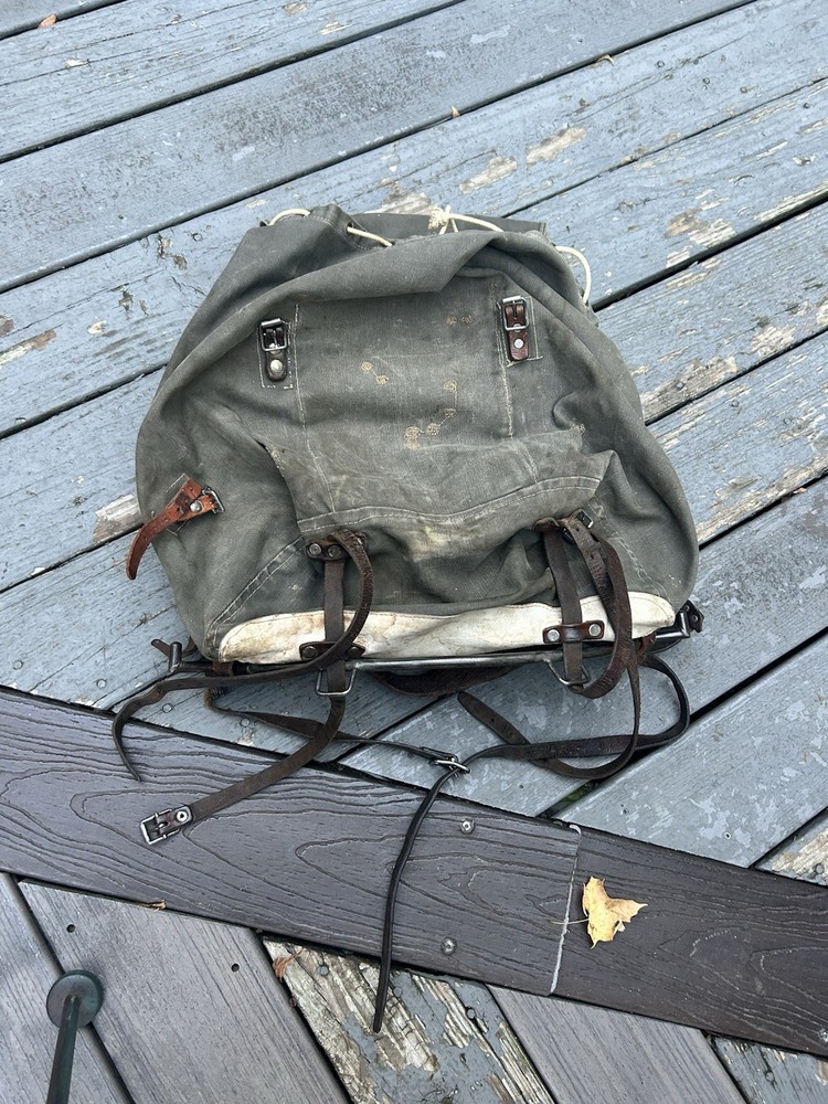 swiss army rucksack backpack canvas steel leather Rare Read Description