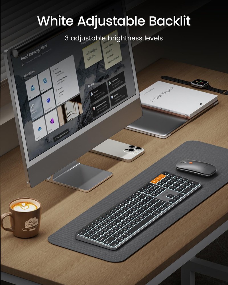 Quiet Typing Backlit Bluetooth Keyboard & Mouse for MacBook Pro/Air, Space Gray