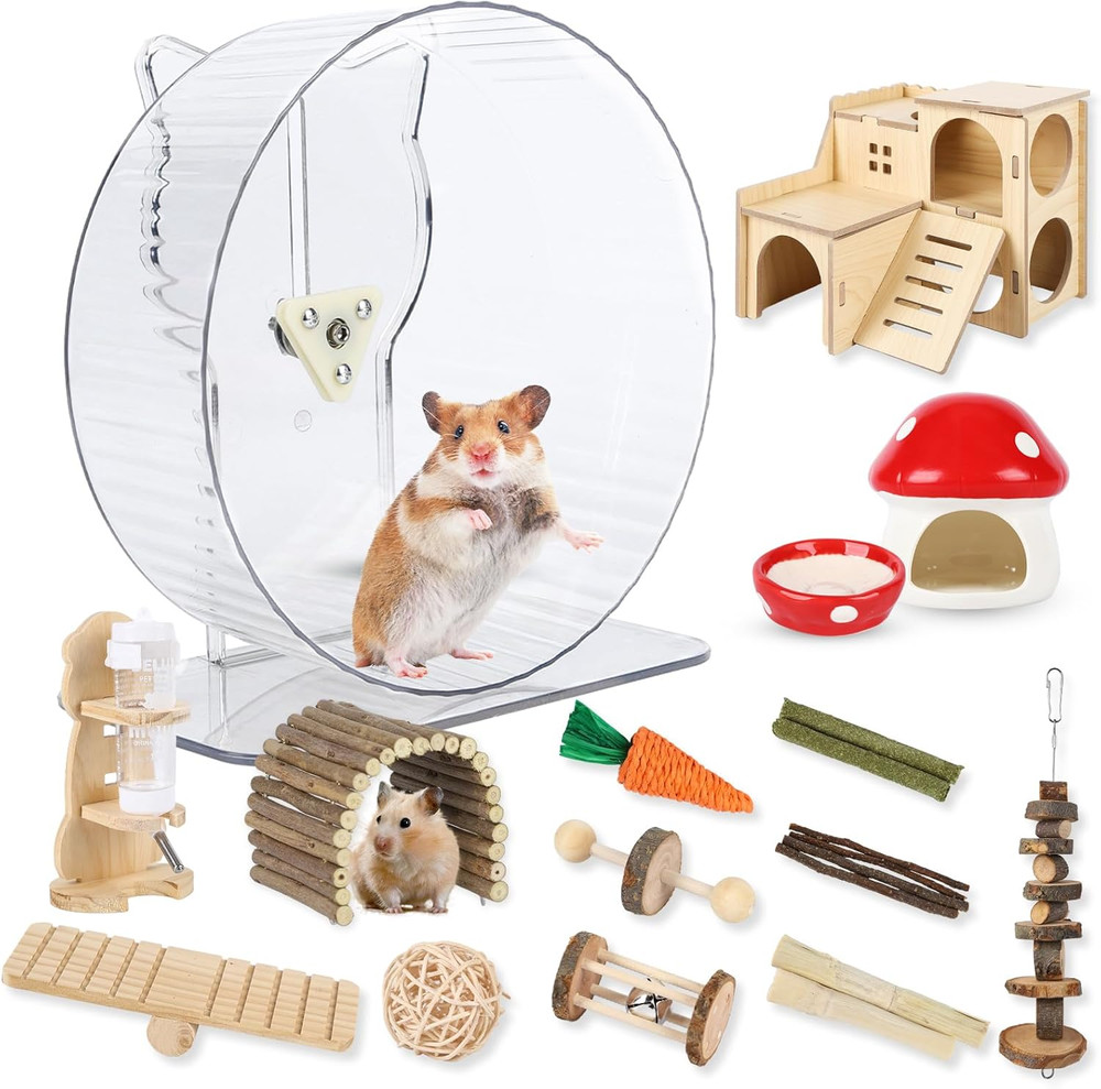 21 Pcs Hamster Cage Accessories Set, 9.5'' Silent Hamster Wheel, Ceramic Hideout