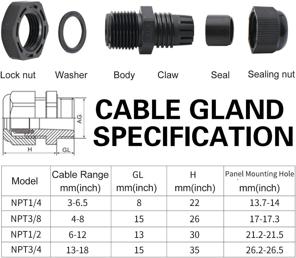 MAKERELE NPT Cable Glands Kit Waterproof Adjustable 38pcs KIT BOX, Black