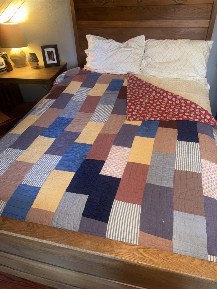 Vintage Hand Quilted Patchwork Quilt Primitive Full 1940s