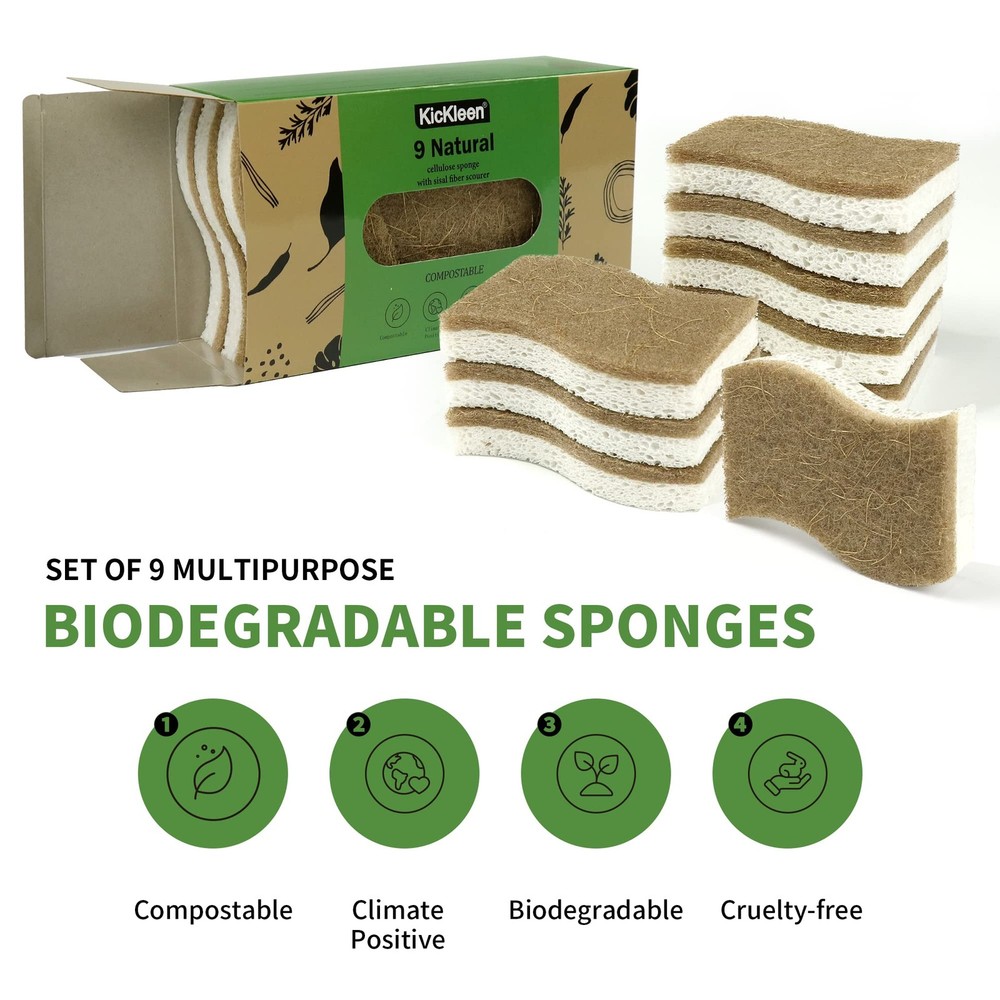 KICKLEEN 9 Pack Biodegradable Natural Kitchen Sponge - White Cellulose