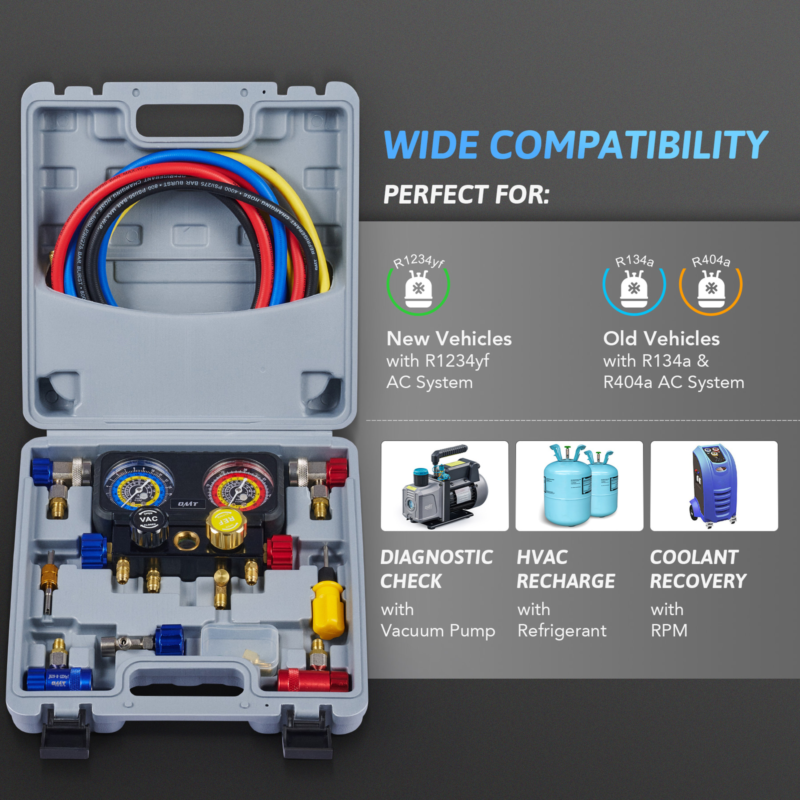 OMT 4 Way Diagnostic Manifold Gauge Set for R1234yf Refrigerant Freon Charging