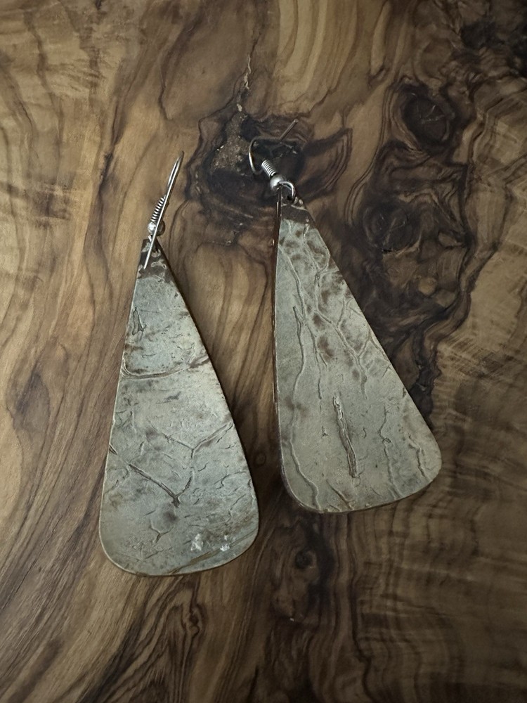 Coconut Curved Triangle Brown Dangle Silver Tone Hook Earrings