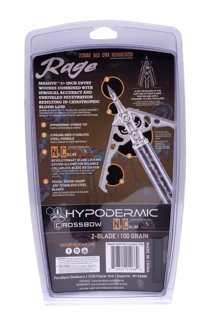 NEW SEALED Rage Hypodermic 100 Grain Expandable Broadhead 3 Pack - Crossbow