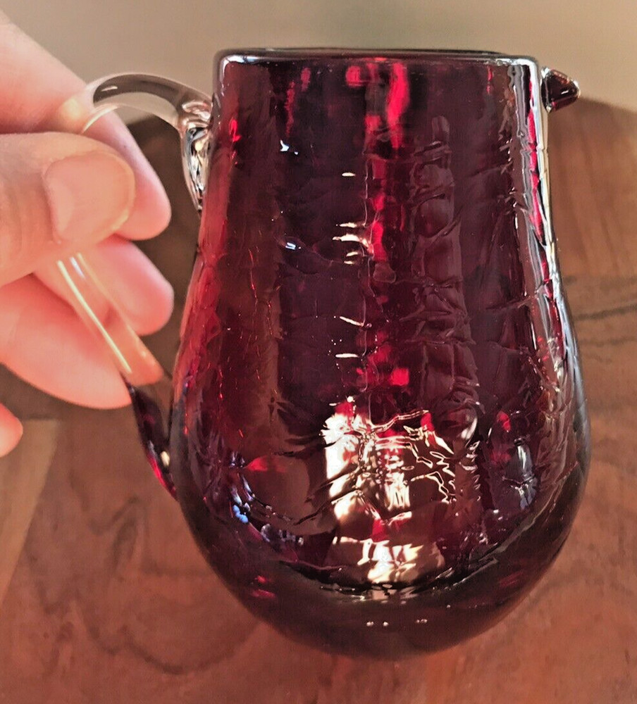 Hand Blown Ruby Red Crackle Glass Pitcher Clear Handle Pontil 3.75"