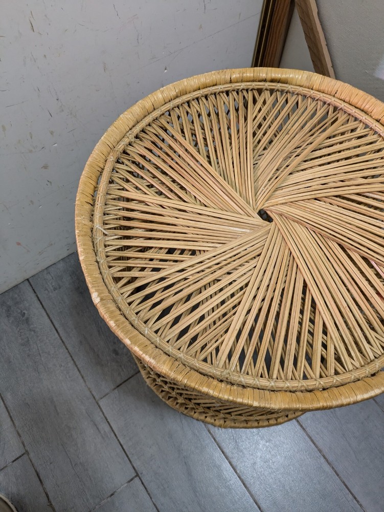 Vintage Boho Chic Round Wicker Rattan Table Plant Stand Stool