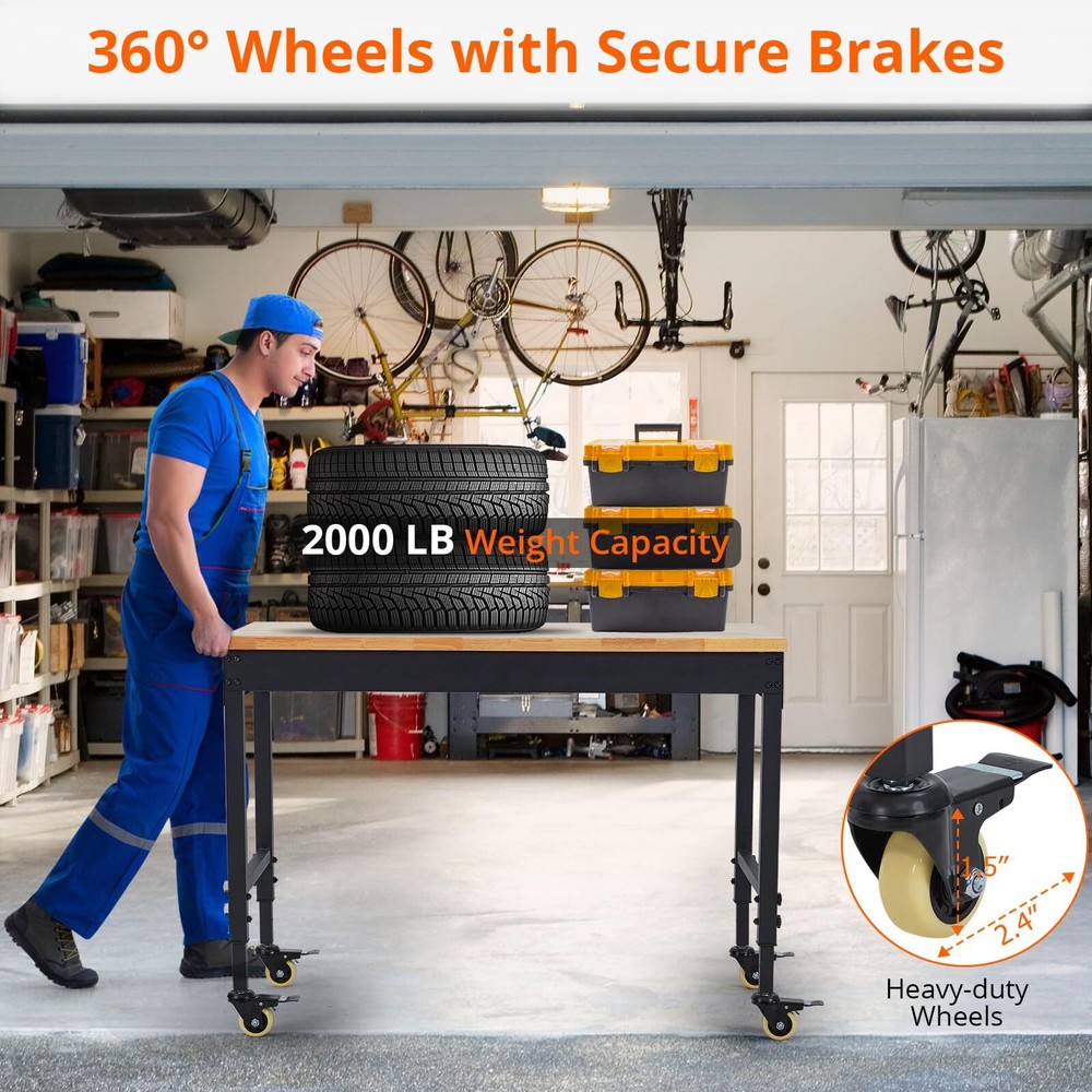 🔥48" Adjustable Workbench Heavy Duty Workstation 2000 LBS Load Capacity Casters