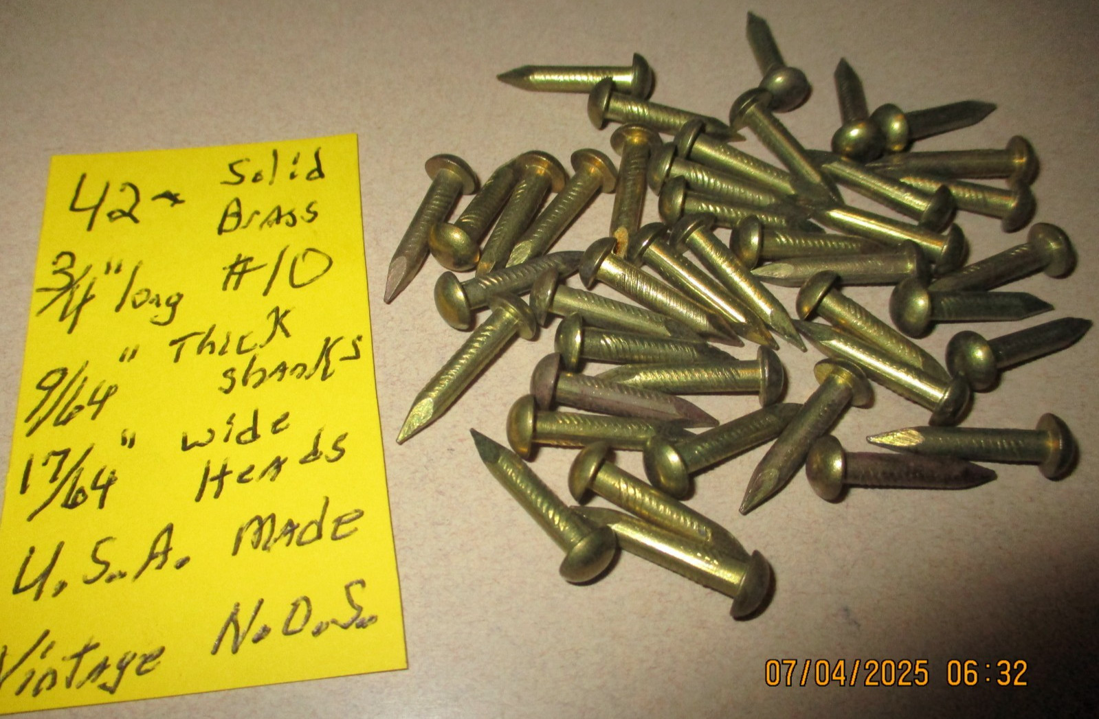 42--VINTAGE, 3/4" X #10, SOLID BRASS ESCUTCHEON PINS NAILS, BIG ROUND DOME HEADS