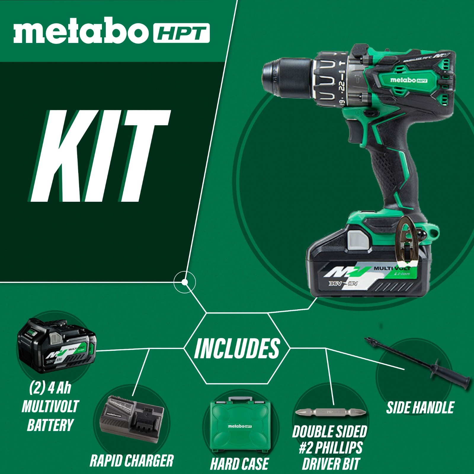 Metabo HPT DV36DA 36V MV Brushless 1/2 Inch 1220 inch/lb. Hammer Drill Kit New