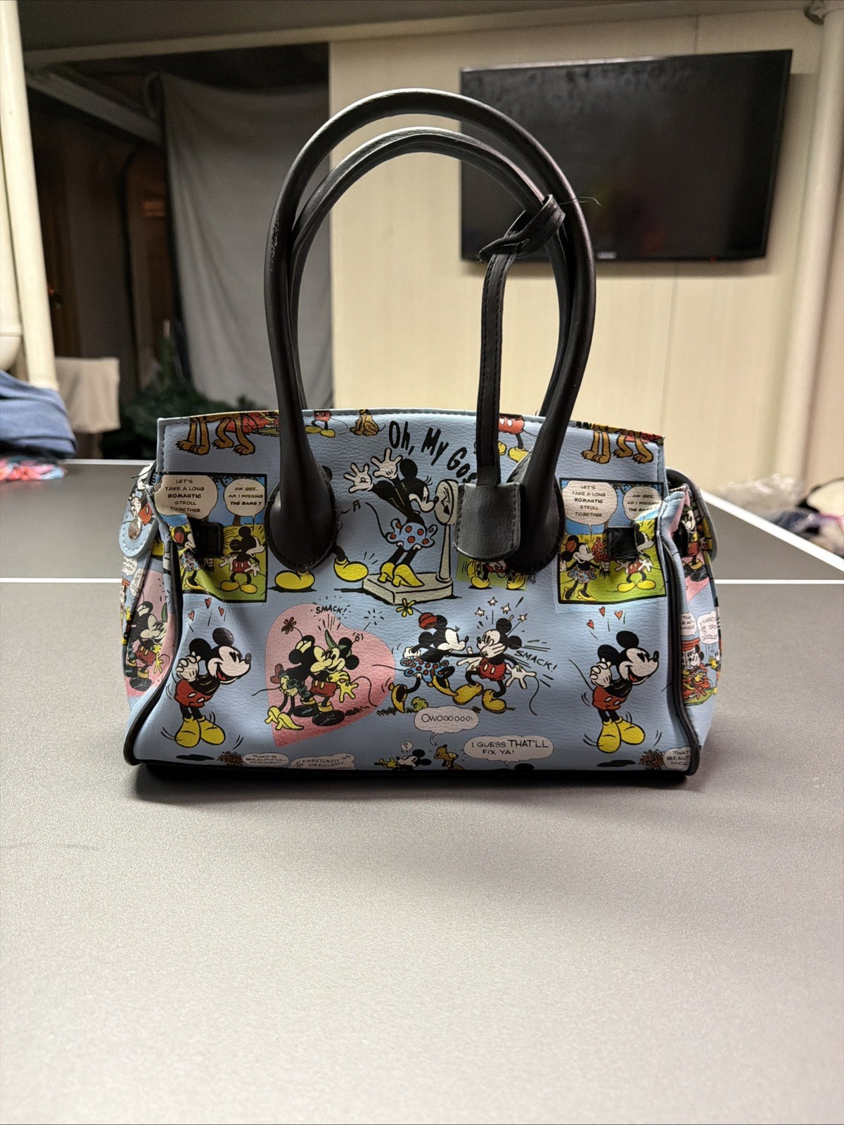 Disney Minnie & Mickey Mouse Purse Lock & Key Satchel Handbag Cartoon Comic Blue