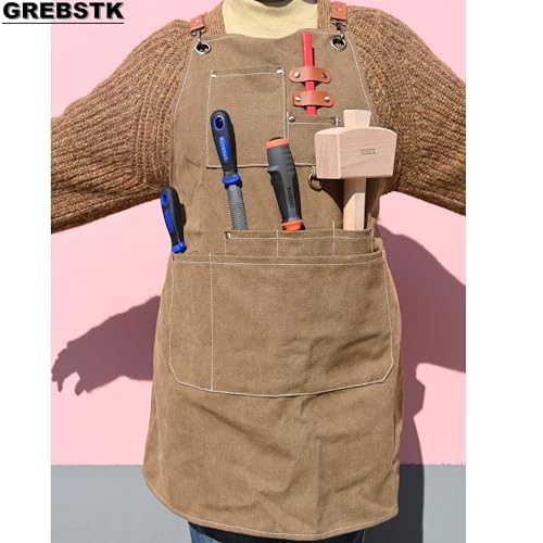 Work Apron Cross Back Adjustable Canvas Tool Apron for Woodworking, Multicolor