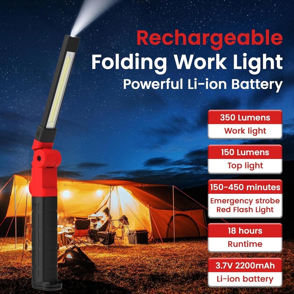 Rechargeable LED Work Light Magnetic Foldable Flashlight with Hook 3 Modes | Eba