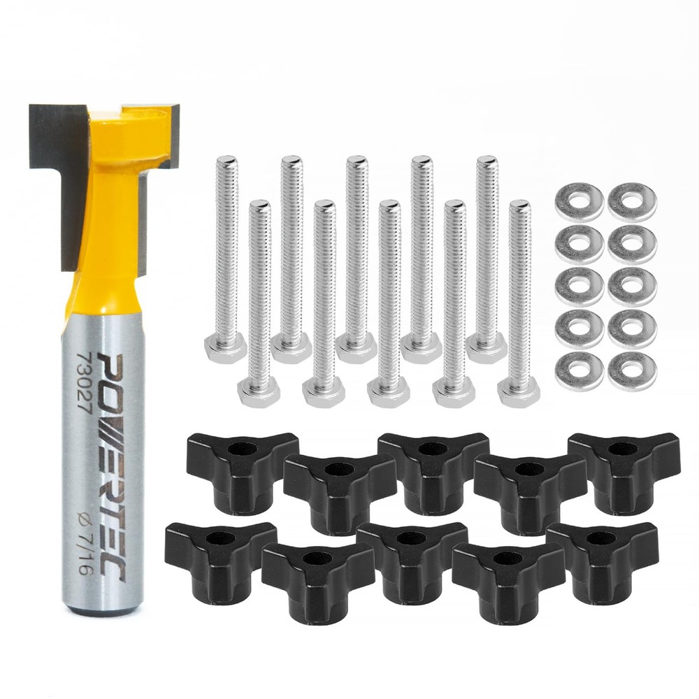 POWERTEC T-Track Router Bit & 10 Sets 1/4" Hex Bolts Knobs Kit Tungsten Carbide