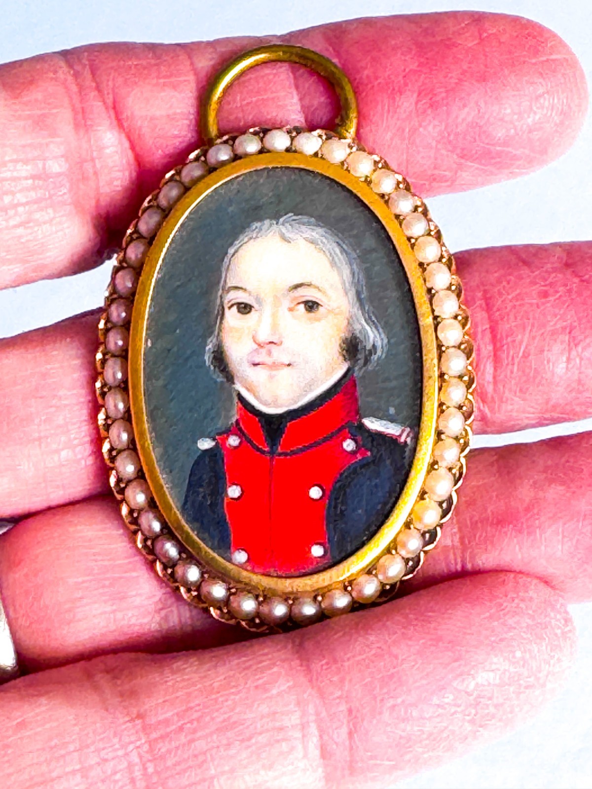 Rare 18th C Hand Painted Portrait French Revolution Soldier w Pearls Robespierre