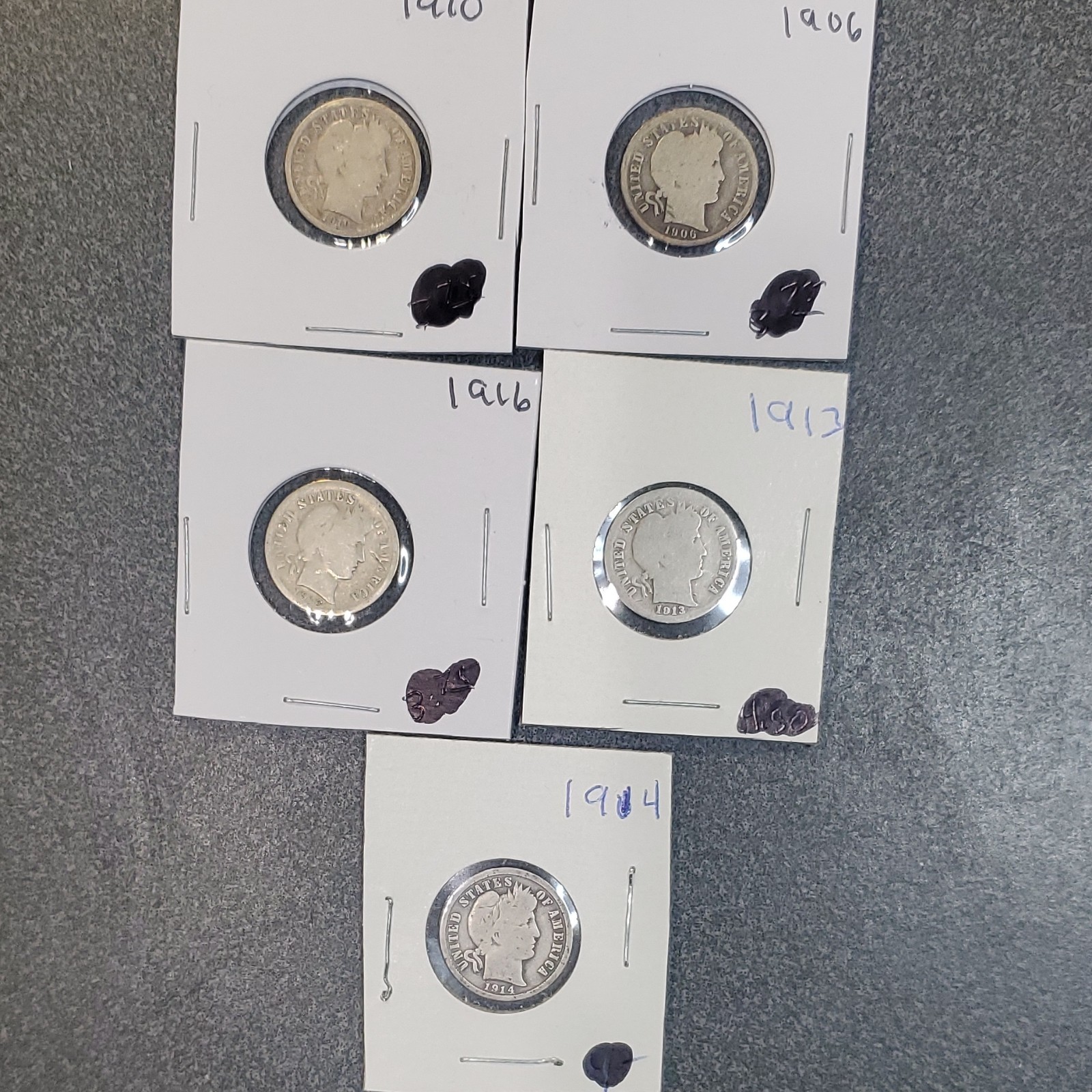 Barber Dime Silver 10C Lot of 5 Coins.  #278