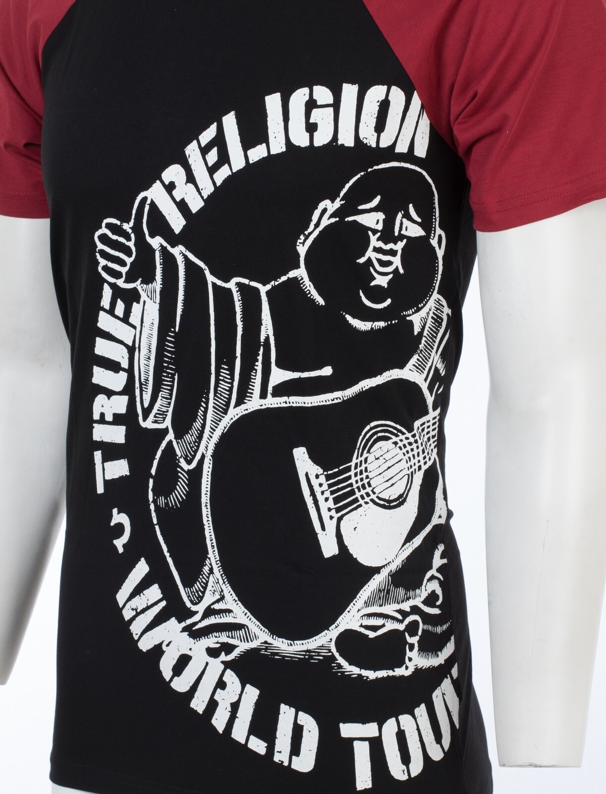$79 TRUE RELIGION Black Red PART BUDDHA Short Sleeve Designer Raglan T-shirt NWT