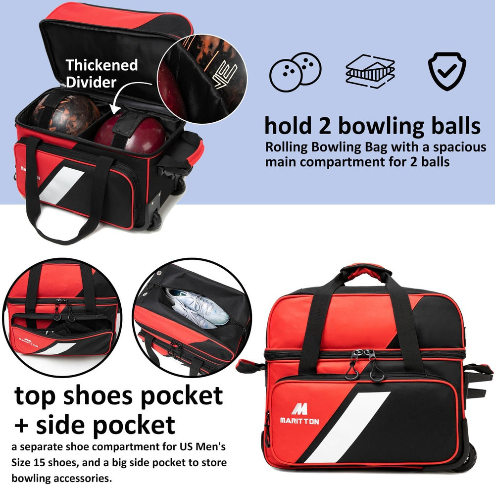 Bowling Bag with Wheels Double Roller 2 Ball Bowling Separate Shoe Compartment a