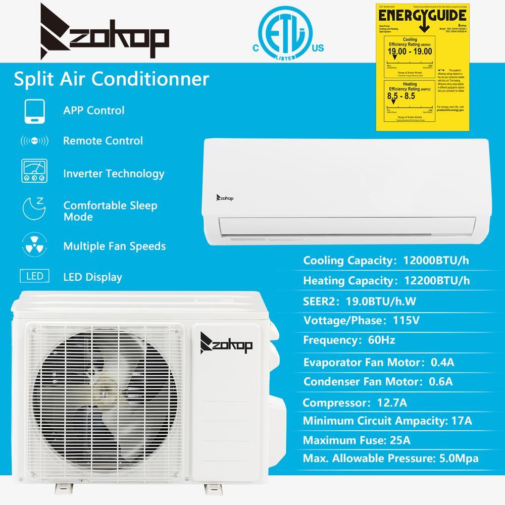 ZOKOP 9,000 - 18,000 BTU Ductless Mini Split Air Conditioner Inverter Heat WIFI