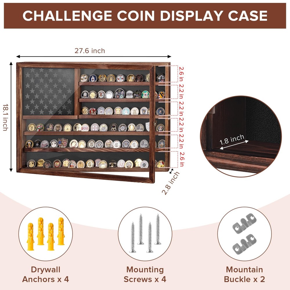 MOCAS Challenge Coin Display Case Lockable Solid Wood Wall Mount Holder Removabl