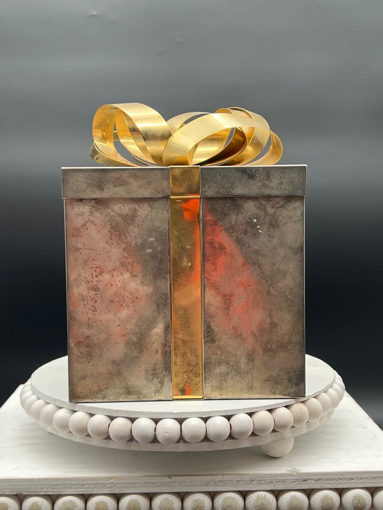Godinger Two Tone Medium Present Box 6" Square 8"H with Bow Tarnished