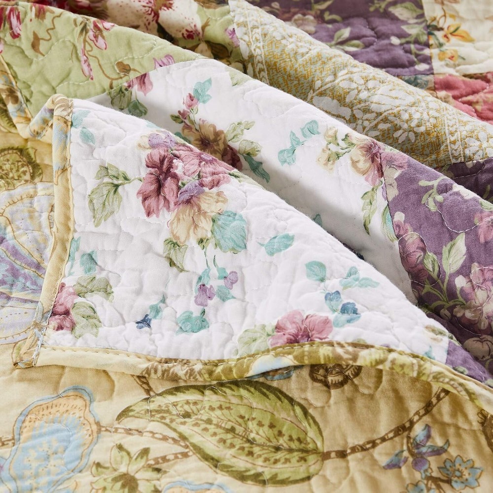 Blooming Prairie 100% Cotton Authentic Patchwork Reversible Quilt Set, 2-Piec...