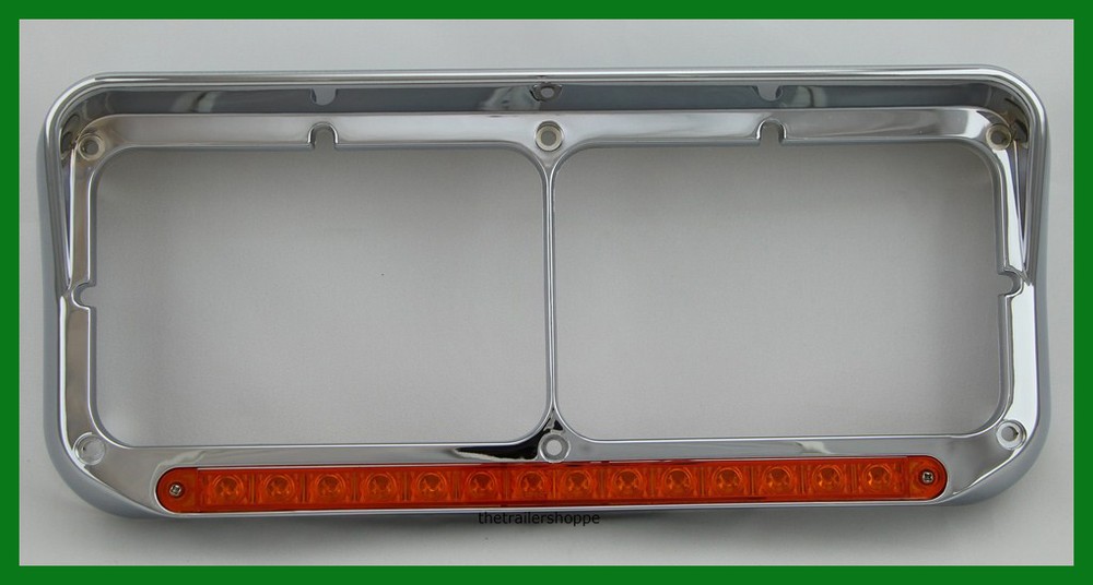 Chrome 14 LED Amber Plastic Dual Rectangular Headlight Bezel with Visor -1 Set