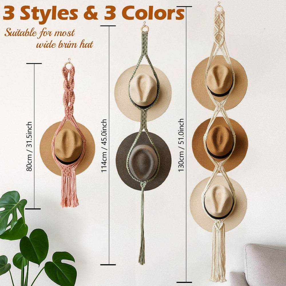 Boho Hat Organizer Rack, Macrame Hat Hanger, Handmade Hat Holder for Wall Han...
